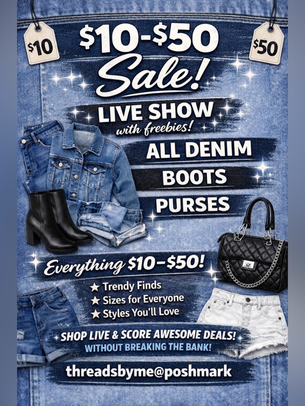 ALL DIFFERENT TYPES OF DENIM PARTY w/Shoes,Jackets,shorts,PURSES and SHOES